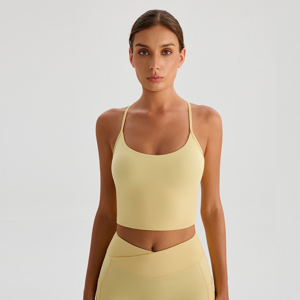 yellow workout outfit with leggings and crop top