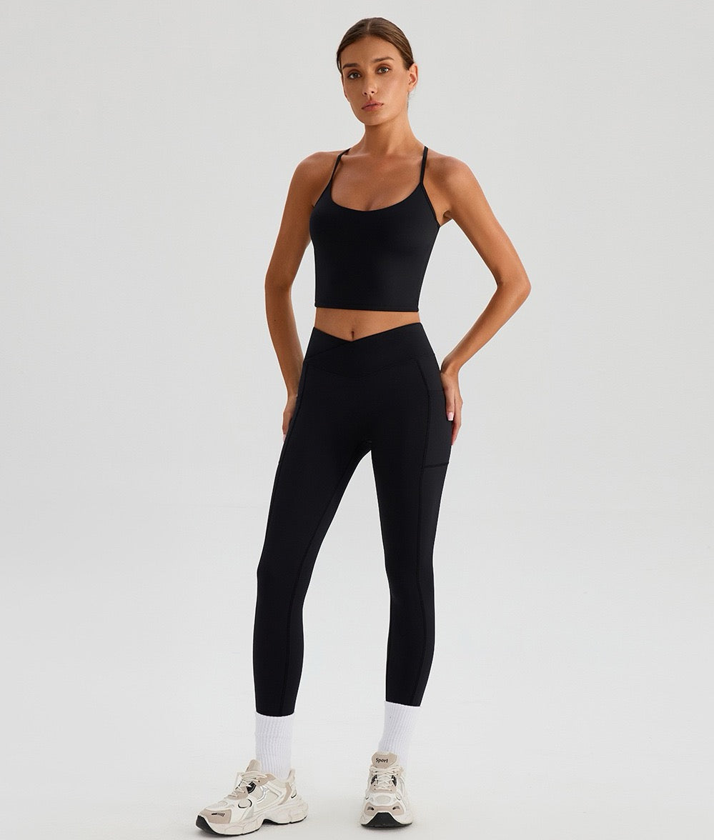 black workout set with high waist leggings and crop top