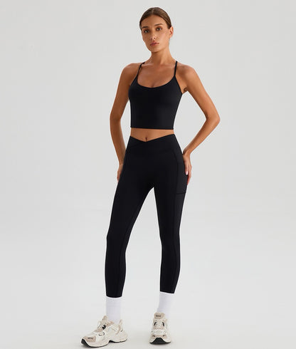 black workout set with high waist leggings and crop top
