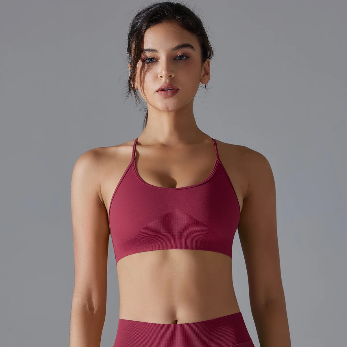 Strappy Crisscross Back Sports Bra - Wine Red