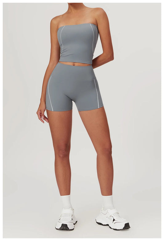 Sporty Chic 2-Piece Set: Tube Top & High-Rise Shorts - Grey