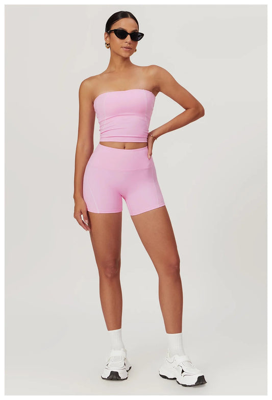 Sporty Chic 2-Piece Set: Tube Top & High-Rise Shorts - Pink