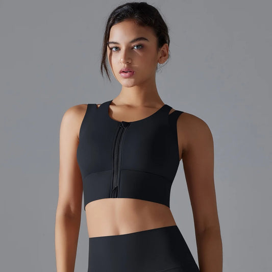 Zip-Front High-Impact Shockproof Sports Bra - Black