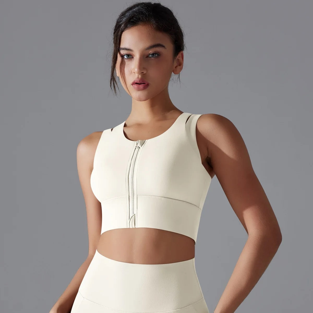 Zip-Front High-Impact Shockproof Sports Bra - Light Ivory