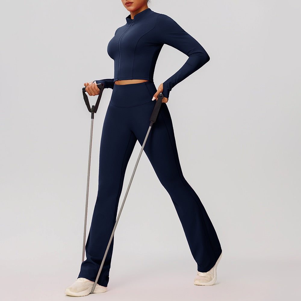 navy blue zip up crop top flare leggings set